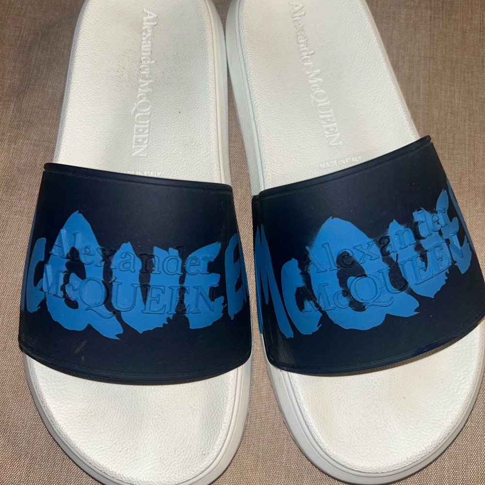 Alexander McQueen White and Dark Blue Slides